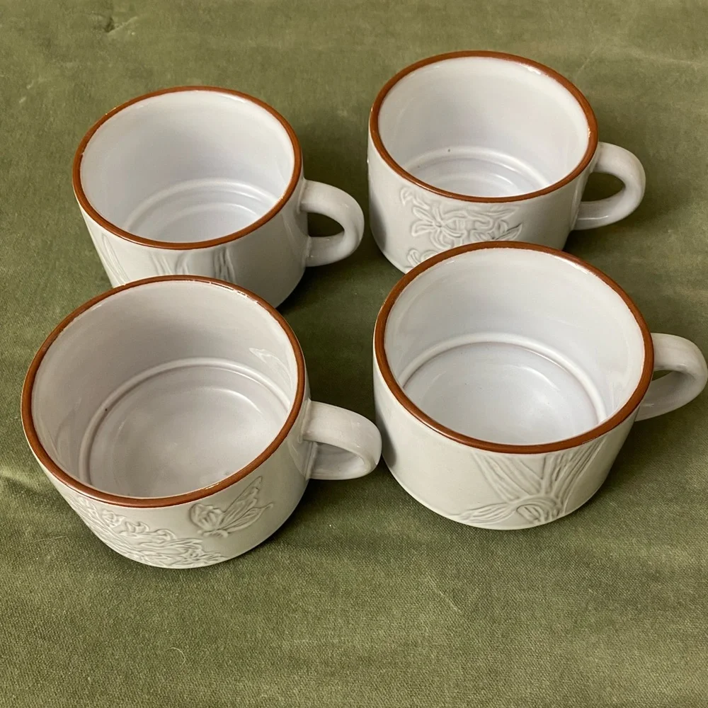 Pier 1 Imports White Floral Butterflies Stacking Mug 8oz Set of 4. UBM